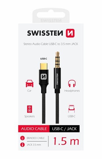 ADAPTATEUR AUDIO SWISSTEN TEXTILE USB-C (mâle)/JACK 3,5 mm (mâle) 1,5 M NOIR