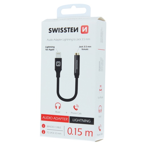 [8595217466241] ADAPTATEUR AUDIO SWISSTEN TEXTILE LIGHTNING /JACK 0,15 M NOIR